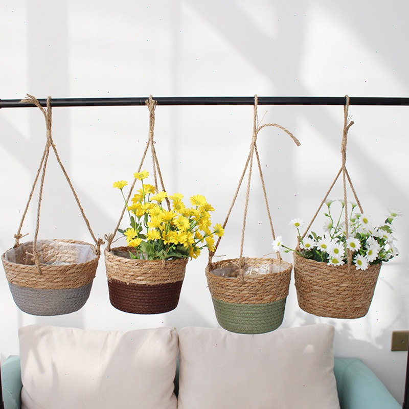Spider Plant Hanging - 짚으로 만든 걸이형 바구니 화분, 삼베로